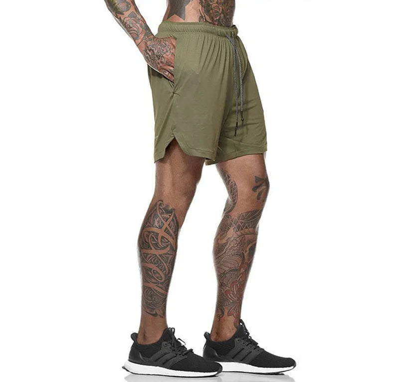 European Men's Sports Summer Double Layer Mobile Phone Pants Gym Exercise Jogging Training Shorts