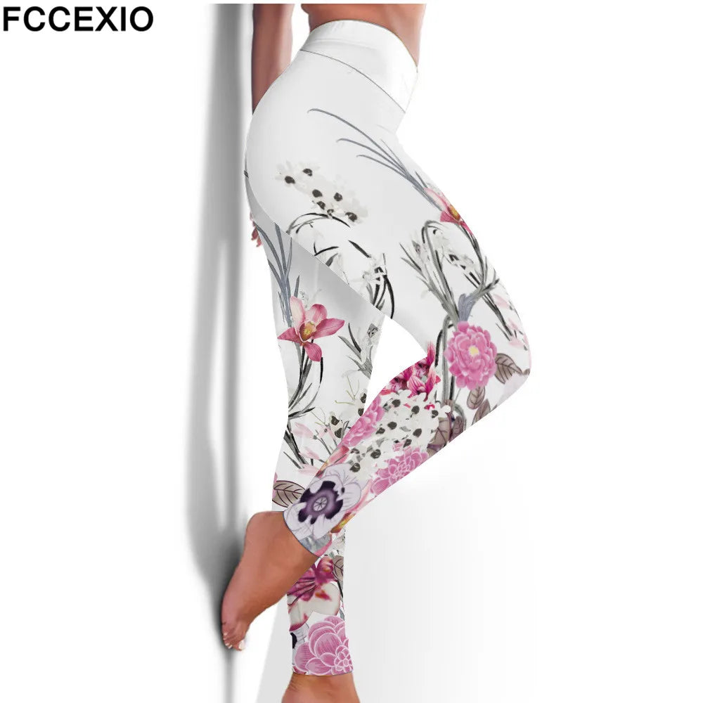 FCCEXIO High Waist Fitness Elastic Leggings Ink Painting Flowers 3D Print Leggins Casual Workout Sport Pants