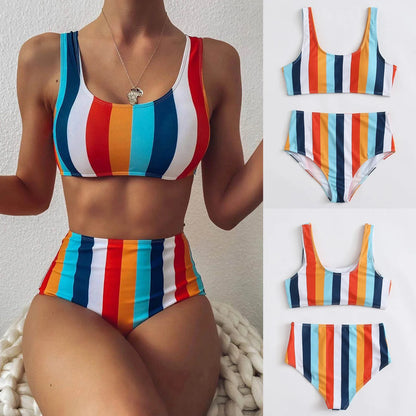 Striped Swimwear Women Push Up High Waist Bikini Halter Bikini Set Hollow Out Print Bathing Suit Two Piece Swimsuit