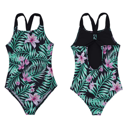 Girls Printed Swimsuit One-Piece Sleeveless Wide Shoulder Straps Sapphire for with Horse And Stars Pattern Printing