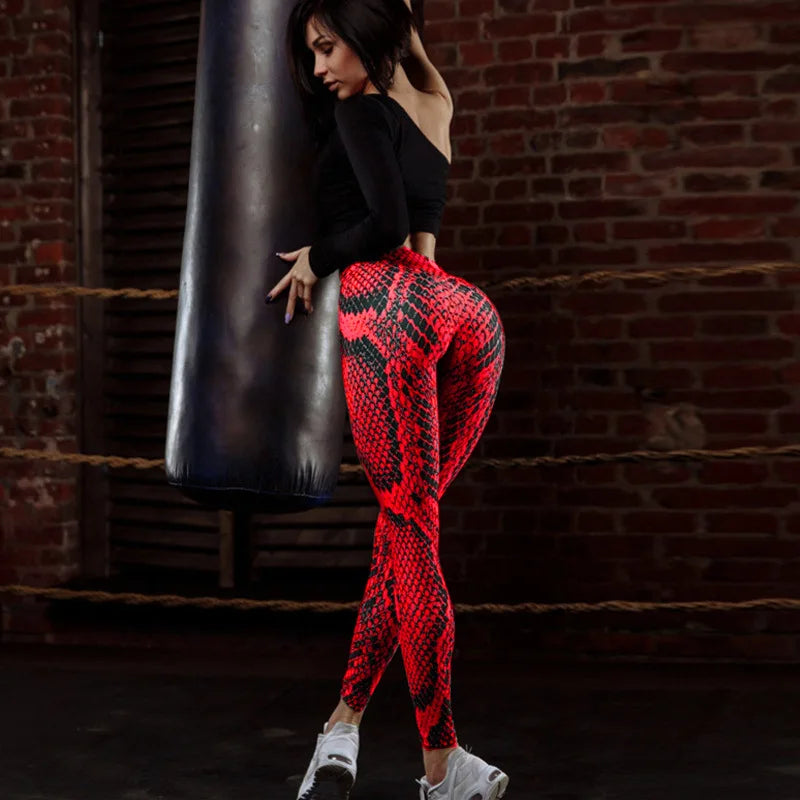 Women Red Serpentine Fitness Leggings Jogging Outdoor Running Sportswear High Waist Pants Casual  Workout Trousers Bottom