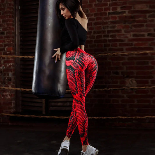 Women Red Serpentine Fitness Leggings Jogging Outdoor Running Sportswear High Waist Pants Casual  Workout Trousers Bottom