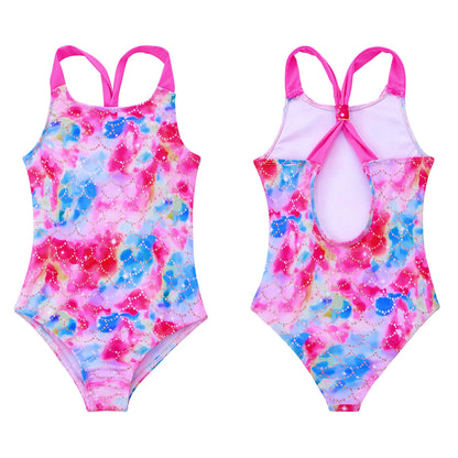 Girls Printed Swimsuit One-Piece Sleeveless Wide Shoulder Straps Sapphire for with Horse And Stars Pattern Printing