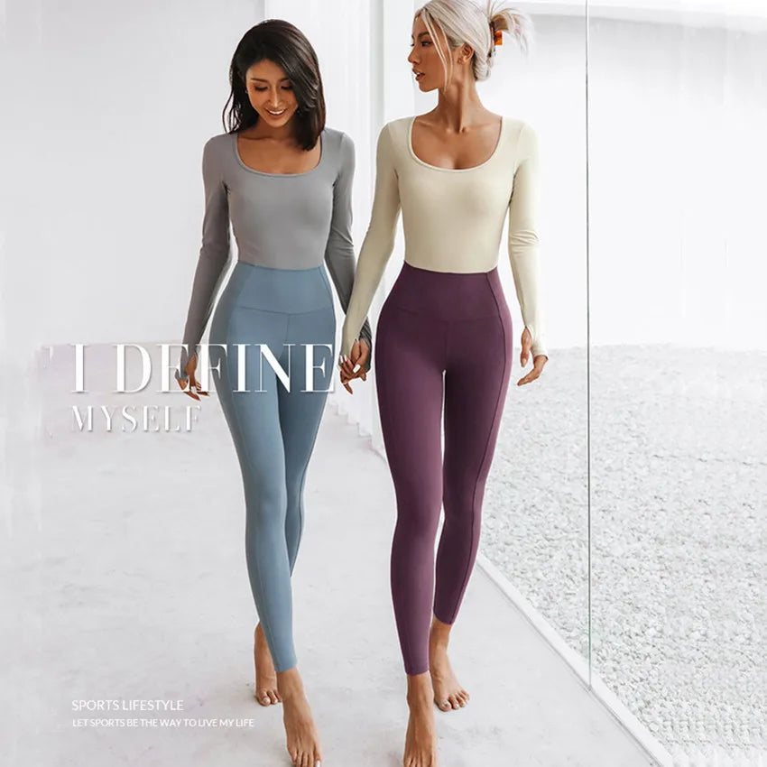 Women's Two-Tone Long-Sleeve Open-Back Workout Jumpsuit