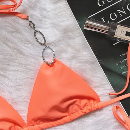 Halter Diamond Bikini Women Swimsuit Female Metal Chains Swimwear Two Pieces Bikini set Brazilian Bather Bathing Suit Swim