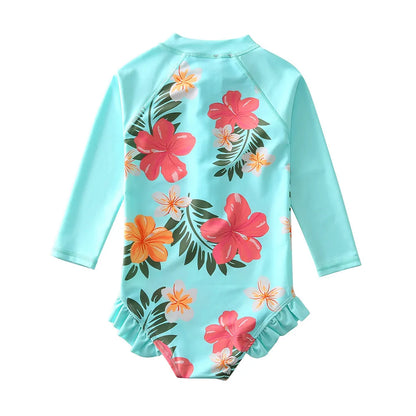 Wishere One Piece Baby Girls Swimsuit UPF50+ Swimwear Sunsuit With Lace Long Sleeve Rash Guard Flower Print Summer Bathing Suit