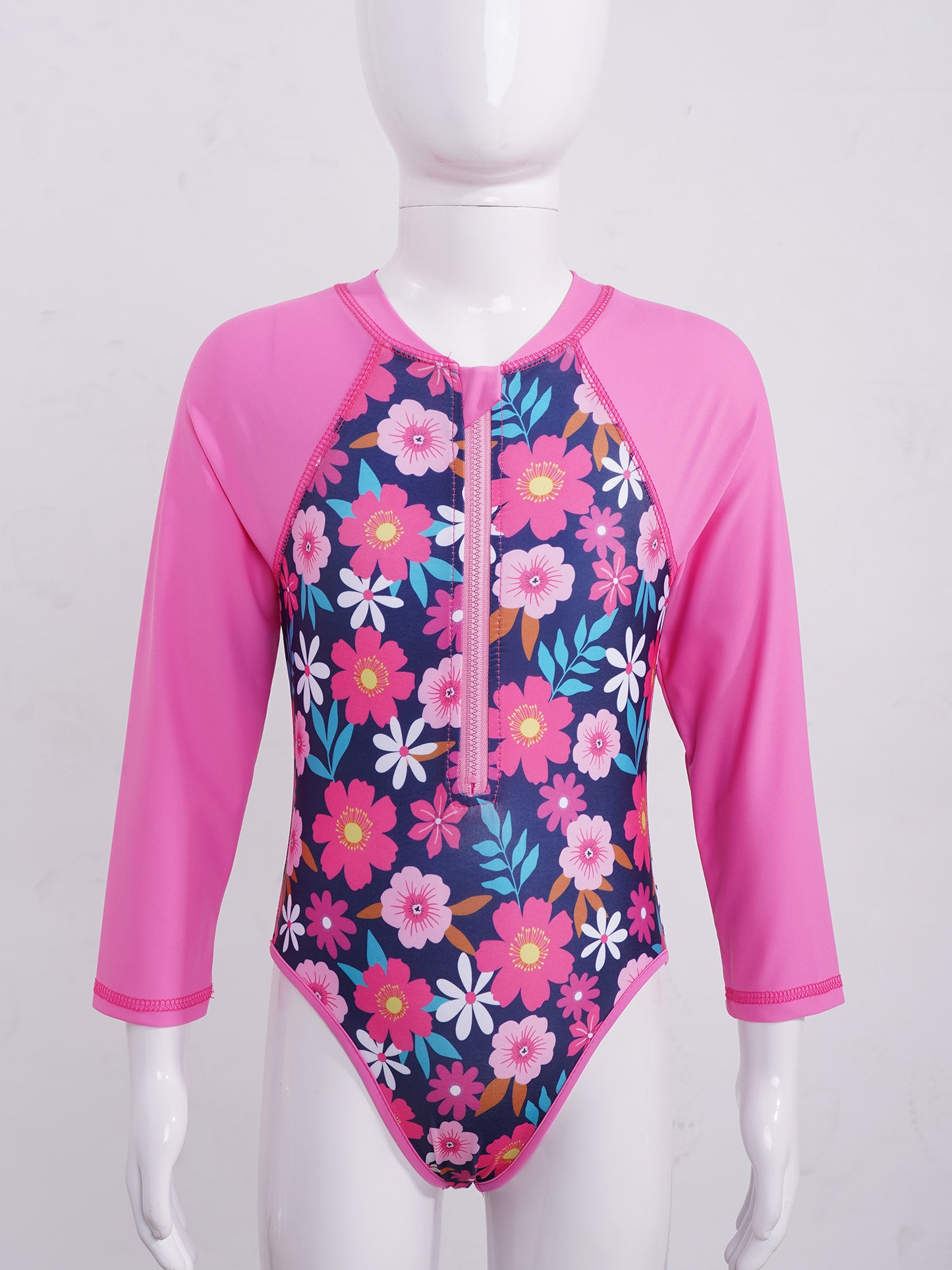 Summer Swimming One-piece Kids Girls Swimsuit Rash Guard Long Sleeves Palm Printed Zippered Bathing Suit Swimwear Beach Wear