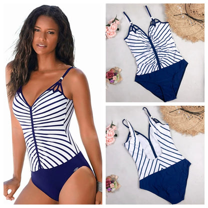 Vintage Swimsuit Women Plus Size One Piece Swimwear Deep V Striped Backless Bathing Suit Tummy Control Monokini Beach