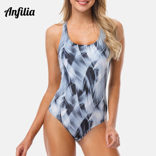 Anfilia Women One Piece Sports Swimwear Watercolor Printed Sports Swimsuit Cutout Sexy Colorblock Bodysuit Fitness Monokini