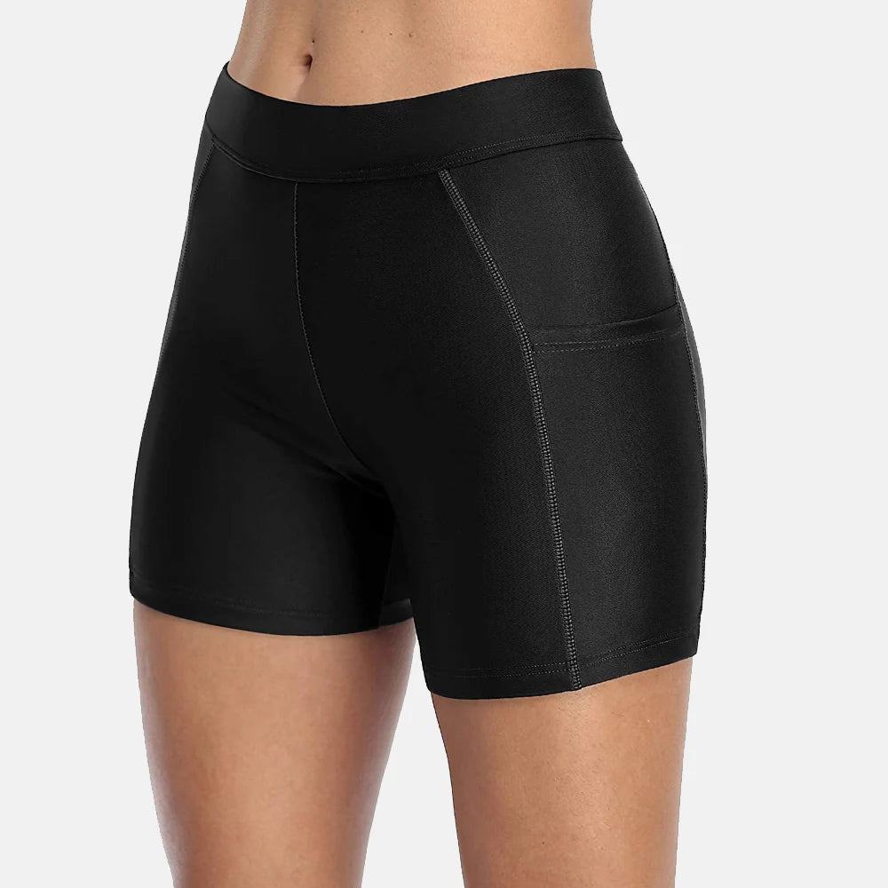Women's Board Shorts with Pockets Solid Swimming Shorts High Rise Swim Bottoms Solid Swimwear Trunks