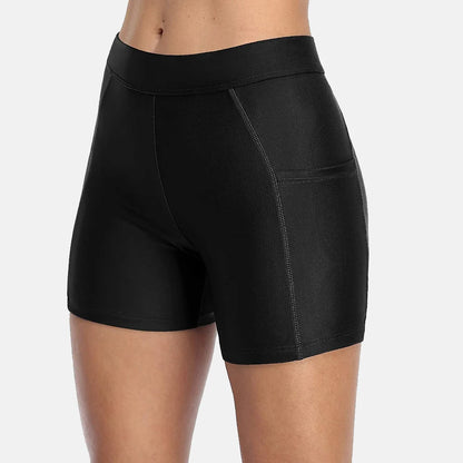 Women's Board Shorts with Pockets Solid Swimming Shorts High Rise Swim Bottoms Solid Swimwear Trunks
