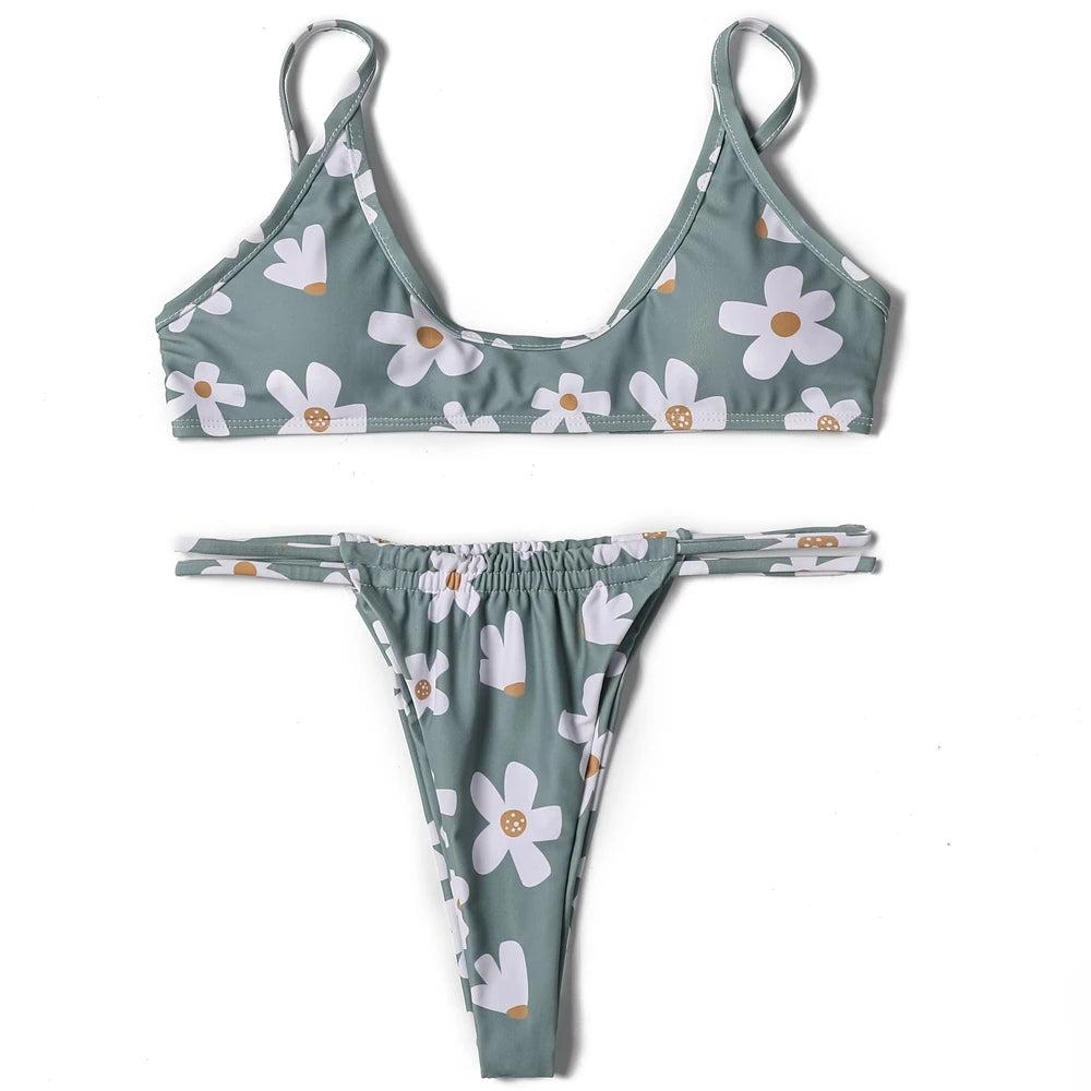 Swimwear Women Floral Print Sexy Bikini Straps Padded Bra Low Waist Swimsuit Female Bathers