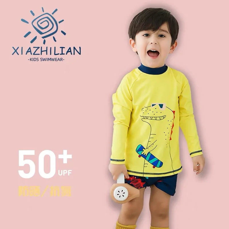 Boys' Dinosaur-Print Long-Sleeve Rash Guard Set with Shorts & Hat