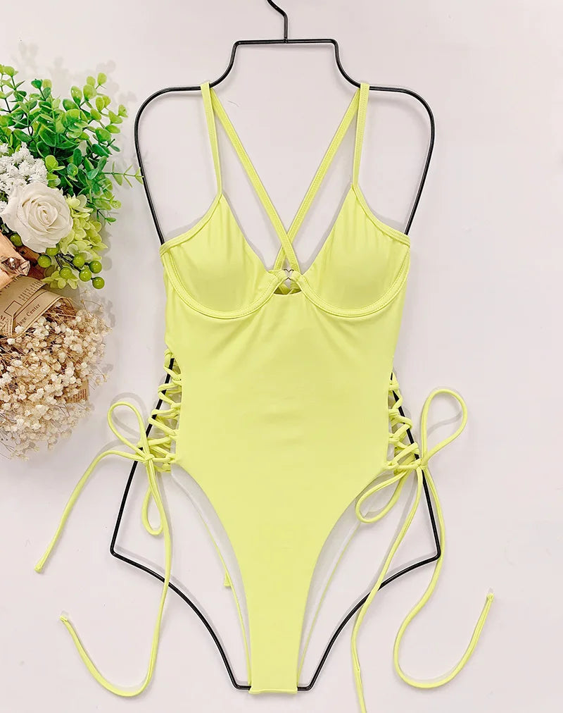 Splicing High Cut Out One Piece Swimsuit Women Tassel Swimwear Female Bathing Suit String Leopard Bikini Monokini Lady
