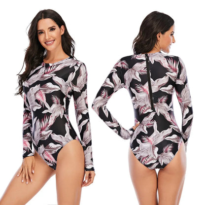 Women 2XL Diving Rashguard Long Sleeve UV Sun Protection Swimsuit Zipper Swimwear Printed Surfing Suit Rash Guards Bathing Suit