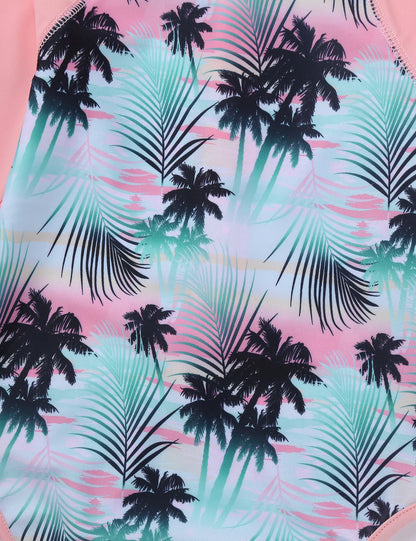 Kids Girls One-piece Swimsuit Long Sleeves Palm Printed Swimwear  Bathing Suit Sun Protection Rash Guard Surfing Diving Swim Top