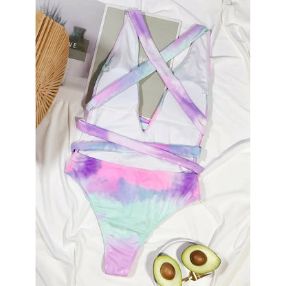 Swimwear Women One Piece Swimsuit Tie Dye Bathing Suit Woman Bodysuit Bandage Cross Swimming for Beach Wear Monokini