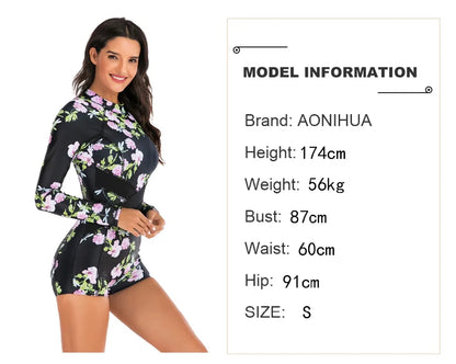 Female One-piece Wetsuit Long Sleeve Swimsuit Surfing Swimwear Women Jumpsuit Zip Front Swimsuit Diving Snorkeling Rash guard 2XL