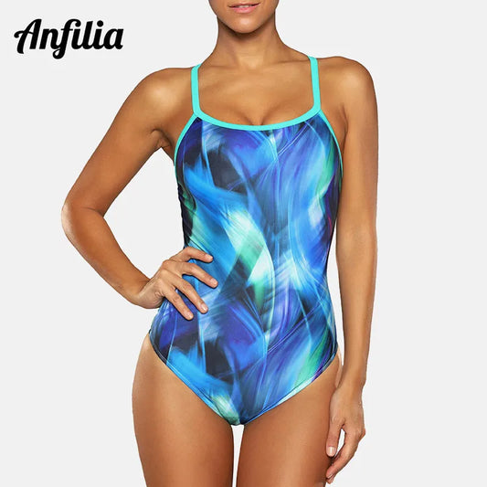 Anfilia One Piece Women Sports Swimwear gradient color Sports Swimsuit