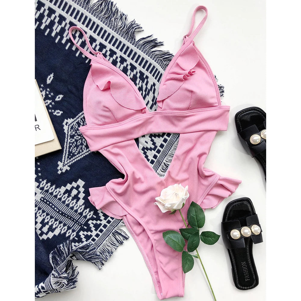 Ruffle One Piece Swimsuit Deep V Hollow Swimwear Women Backless Monokini Solid Bathing Suit Beachwear