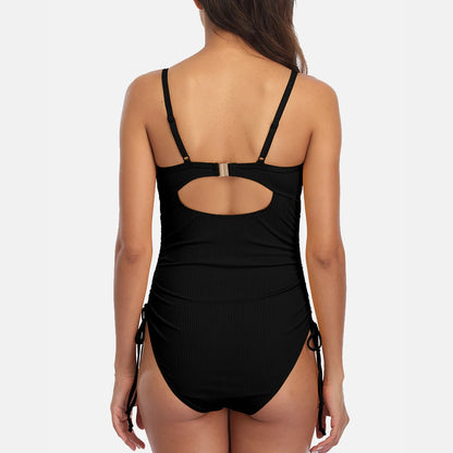 Anfilia Women's Ribbed One Piece Swimsuits Tie Side High Cut Bathing Suits Padded Monokinis Swimwear