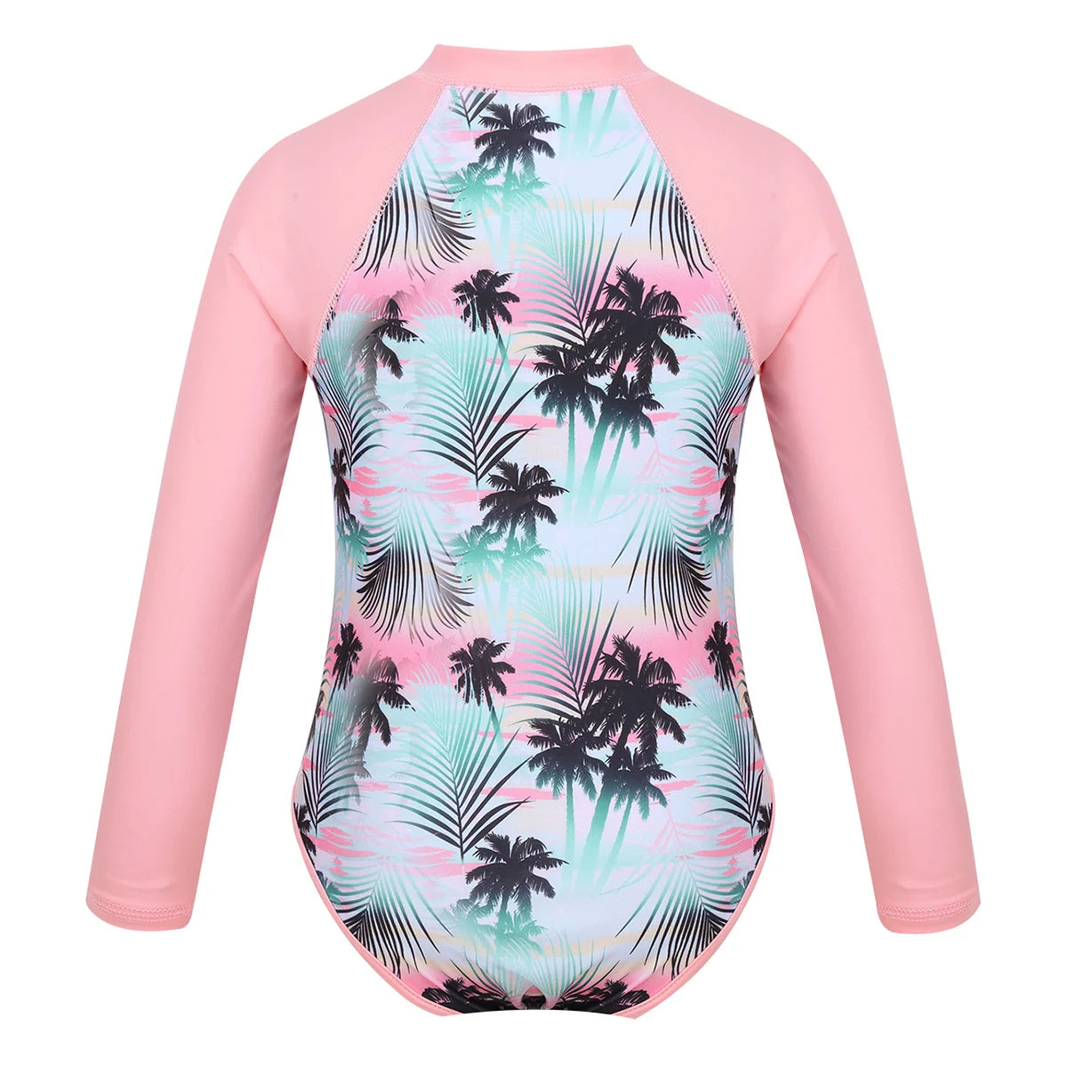 Kids Girls One-piece Swimsuit Long Sleeves Palm Printed Swimwear  Bathing Suit Sun Protection Rash Guard Surfing Diving Swim Top