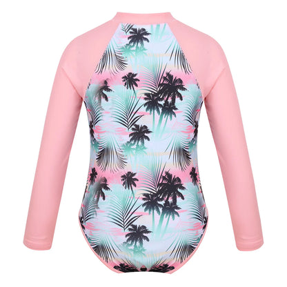 Kids Girls One-piece Swimsuit Long Sleeves Palm Printed Swimwear  Bathing Suit Sun Protection Rash Guard Surfing Diving Swim Top