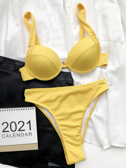 Ribbed Bra Cup High Waist Bikini Women Swimsuit Female Swimwear Two Pieces Bikini set Push Up Bather Bathing Suit Swim Lady