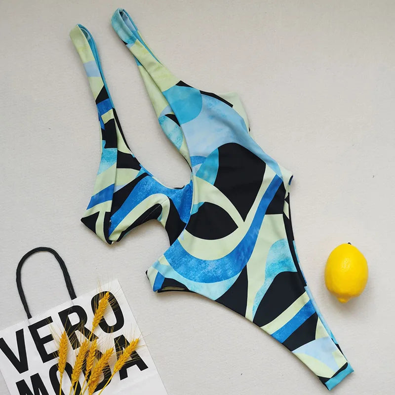 Asymmetric Printed One Shoulder Women Swimwear One Piece Swimsuit Female Backless Monokini High Cut Bathing Suit Swim Bodysuit
