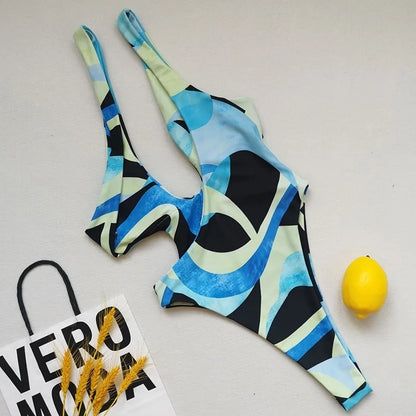 Asymmetric Printed One Shoulder Women Swimwear One Piece Swimsuit Female Backless Monokini High Cut Bathing Suit Swim Bodysuit