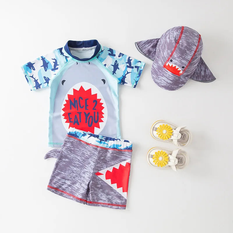 Boys' Cartoon Rash Guard Swim Set with Shorts & Hat