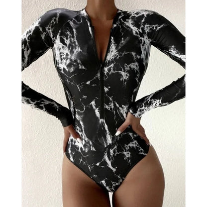 White Solid Color One-Piece Swimsuit Long Sleeve Swimwear Sports Women's Swimming Bathing Suit Beach Bather Surfing Swim Wear