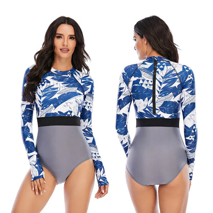 Women 2XL Diving Rashguard Long Sleeve UV Sun Protection Swimsuit Zipper Swimwear Printed Surfing Suit Rash Guards Bathing Suit