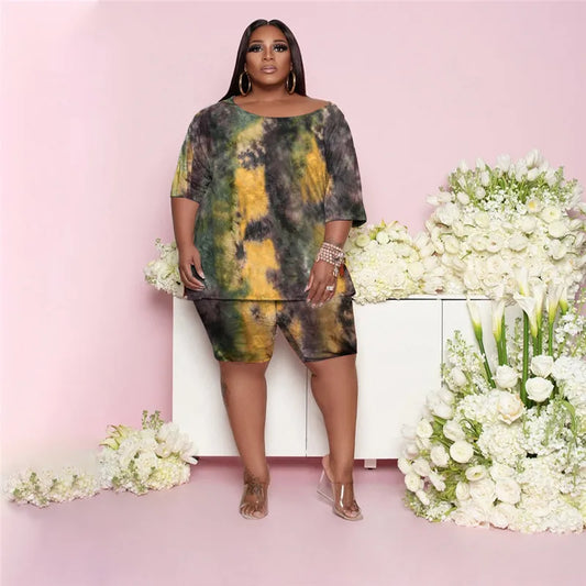 Plus Size Two Piece Set Women Wholesale Shorts Sets Tie Dye Casual Tshirt Crop Top and Short Pants Summer Tracksuit