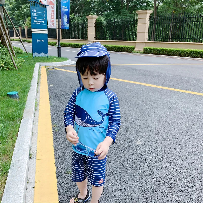 Boys' Dinosaur-Print Long-Sleeve Rash Guard Set with Shorts & Hat