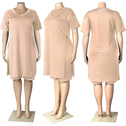 Plus Size Women Clothing Two Piece Set 4xl Summer Slip HemTop Shorts Suit Casual Tracksuit Streetwear