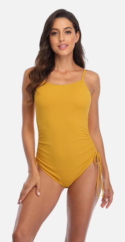 Anfilia Women's Ribbed One Piece Swimsuits Tie Side High Cut Bathing Suits Padded Monokinis Swimwear