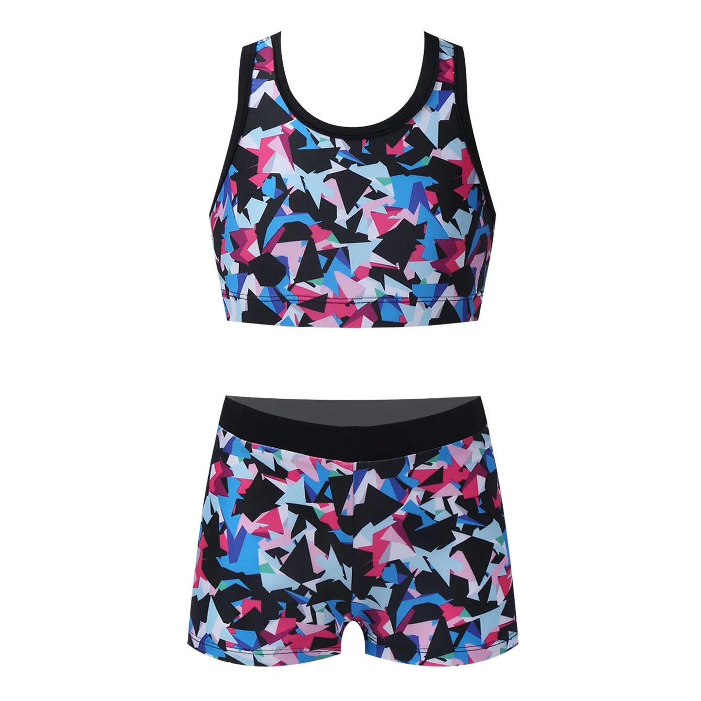 Kids Girls Athletic Tankini Set Swimsuit Racer Back Vest Bra Top + Bottoms Print Sport Bathing Suit For Beach Pool Swimming