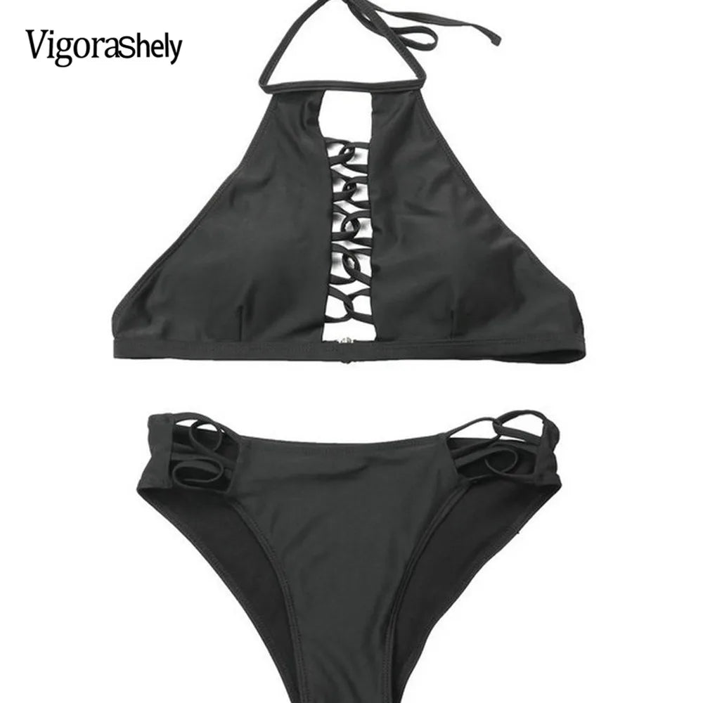 Swimwear Women Black Hollow Bikini Set Push Up Swimsuit Female Brazilian Bathing Suit XL