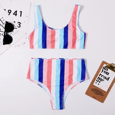 Striped Swimwear Women Push Up High Waist Bikini Halter Bikini Set Hollow Out Print Bathing Suit Two Piece Swimsuit