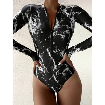 Marble Design Blue Black White Print Color One-Piece Swimsuit Long Sleeve Swimwear Sports Women's Swimming Bathing Suit Beach Bather Surfing Swim Wear