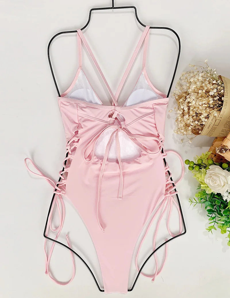 Splicing High Cut Out One Piece Swimsuit Women Tassel Swimwear Female Bathing Suit String Leopard Bikini Monokini Lady