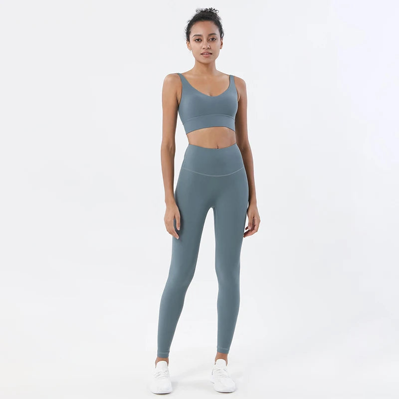 Nylon Tracksuits Women's Yoga Set Sports Suit Gym Fitness Bra Leggings Women Lounge Wear Crop Tops 18 Colors