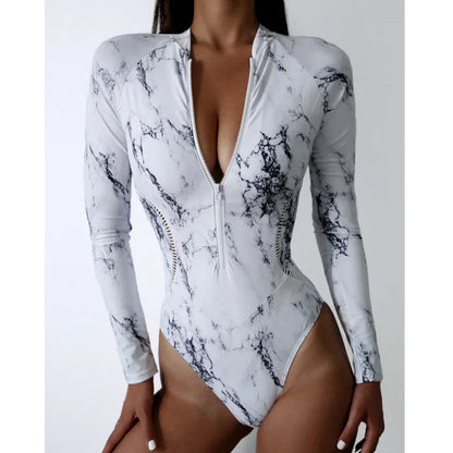 Marble Design Blue Black White Print Color One-Piece Swimsuit Long Sleeve Swimwear Sports Women's Swimming Bathing Suit Beach Bather Surfing Swim Wear