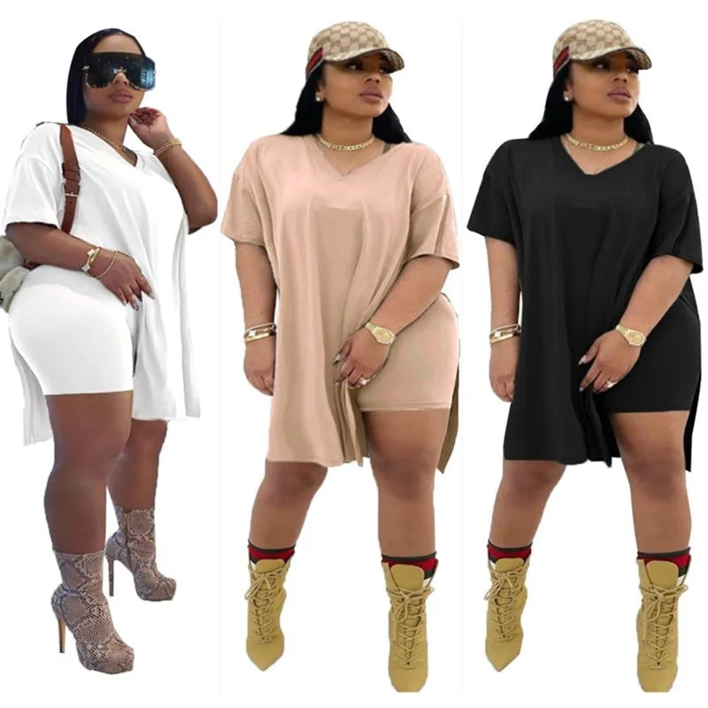 Plus Size Women Clothing Two Piece Set 4xl Summer Slip HemTop Shorts Suit Casual Tracksuit Streetwear