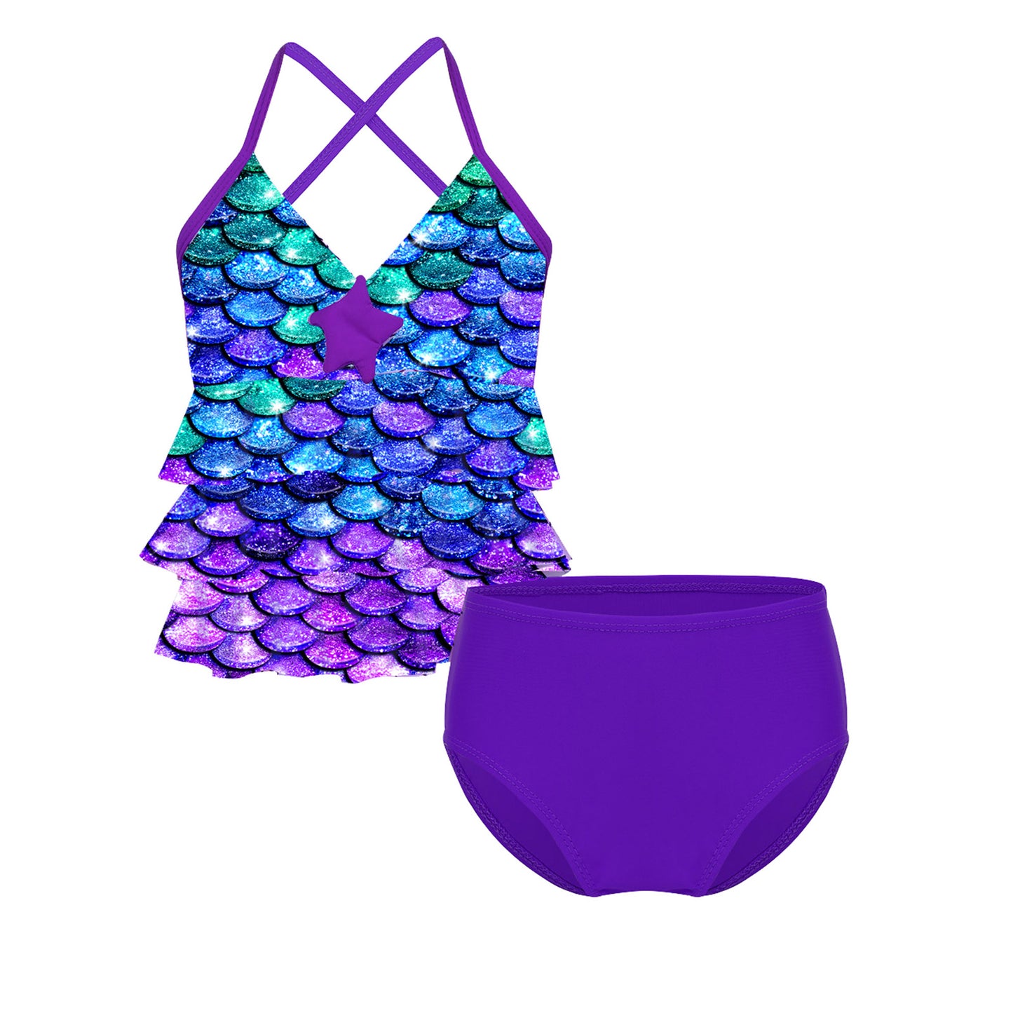 Kids Girls Fish Scales Mermaid Bathing Suit Two-piece Bikini Swimsuit Sleeveless Tops with Briefs Tankini Swimwear Beachwear