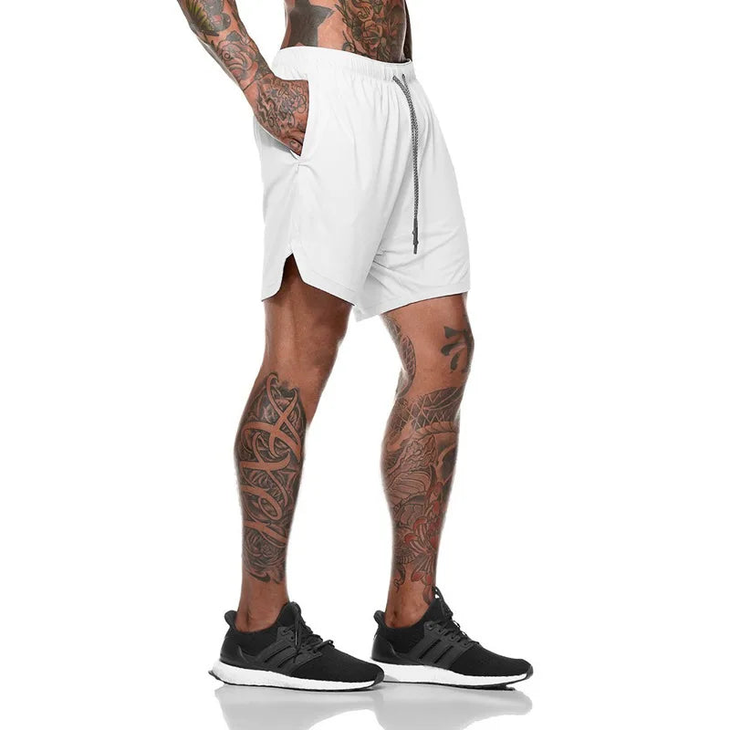 European Men's Sports Summer Double Layer Mobile Phone Pants Gym Exercise Jogging Training Shorts
