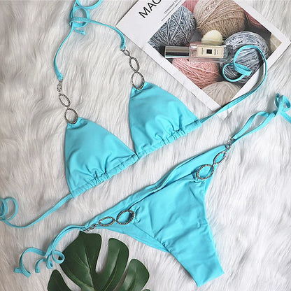 Halter Diamond Bikini Women Swimsuit Female Metal Chains Swimwear Two Pieces Bikini set Brazilian Bather Bathing Suit Swim
