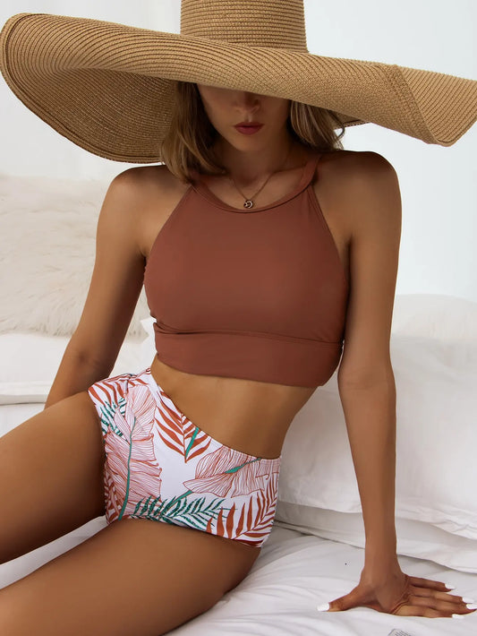 High Waist Bikini Women High Neck Swimsuit Printed Swimwear Female Padded Beachwear Bathers Bathing Swimming Swim Suit