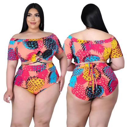 XL-5XL Plus Size two piece Bikini set Swimsuit summer printing Bandage top and shorts outfits women